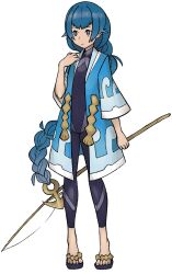  1girl aged_up blue_eyes blue_hair bodysuit braid bright_pupils coat commentary diving_suit english_commentary expressionless fishing_rod flat_chest full_body hair_ornament highres holding holding_fishing_rod krwawnik lana_(pokemon) long_hair nintendo no_sclera open_clothes open_coat pokemon pokemon_sun_and_moon ponytail sandals single_braid solo swimsuit swimsuit_under_clothes very_long_hair wave_print wetsuit white_background white_pupils 