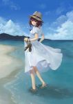  brown_hair cloud clouds dress feet from_behind hat highres jewelry light_smile looking_back ocean original outdoors outside pendant red_eyes short_hair sky soles solo totuka wading water white_dress 