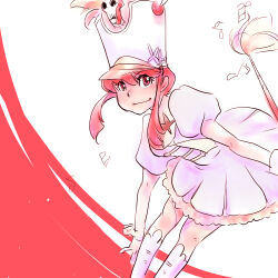  1girl abstract_background beamed_eighth_notes blue_boots blue_dress boots bou_(vyniltheater) commentary_request dress eighth_note feet_out_of_frame frilled_dress frills hat holding_baton jakuzure_nonon kill_la_kill knee_boots leaning_forward marching_band_baton musical_note necktie pink_eyes pink_hair puffy_short_sleeves puffy_sleeves red_background shako_cap short_hair_with_long_locks short_sleeves skull smile solo tareme two-tone_background white_background white_necktie winged_hat wrist_cuffs 