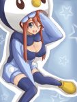  blue_legwear blue_thighhighs borupikka breasts cleavage cosplay costume fuuro_(pokemon) gym_leader open_mouth piplup pokemon pokemon_(game) pokemon_black_and_white pokemon_bw red_hair redhead solo star thigh-highs thighhighs wink 