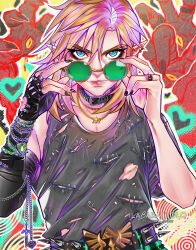  1boy alternate_costume belt black_choker black_collar black_gloves black_nails black_shirt black_sleeves blonde_hair blue_eyes bracelet choker closed_mouth collar commentary detached_sleeves fingerless_gloves gloves goth_fashion green-tinted_eyewear heart highres holding holding_removed_eyewear ilabarattolo jewelry link lips looking_at_viewer male_focus necklace pointy_ears ring shirt short_hair single_bare_shoulder single_detached_sleeve single_glove solo spiked_gloves spiked_ring straight-on the_legend_of_zelda the_legend_of_zelda:_tears_of_the_kingdom tinted_eyewear torn_clothes torn_shirt triforce_necklace unworn_eyewear upper_body 
