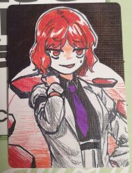  1girl breasts drum highres horikawa_raiko instrument jacket long_sleeves looking_at_viewer lovelobten necktie open_mouth photo_(medium) purple_necktie red_eyes red_hair shirt short_hair simple_background tou touhou traditional_media white_jacket 