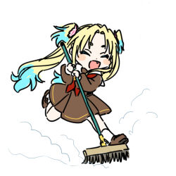  1girl :d ^_^ blonde_hair blue_hair broom brown_dress brown_shoes closed_eyes commentary_request dress flower full_body gradient_hair hair_flower hair_ornament hasu_no_sora_school_uniform holding holding_broom link!_like!_love_live! loafers long_sleeves love_live! medium_dress multicolored_hair neckerchief open_mouth osawa_rurino parted_bangs pink_flower pleated_dress red_neckerchief running sailor_collar sailor_dress school_uniform shinanoya_(satanicad) shoes simple_background smile socks solo sweeping twintails virtual_youtuber white_background white_sailor_collar white_socks winter_uniform 