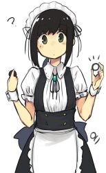  1girl ? absurdres alternate_costume apron black_dress black_hair blush bow collared_shirt commentary_request dress enmaided food frilled_apron frilled_sleeves frills fubuki_(kancolle) green_eyes highres holding holding_food kantai_collection looking_at_viewer low_ponytail ma_rukan maid maid_headdress medium_hair neck_ribbon oreo ponytail ribbon shirt short_sleeves sidelocks simple_background solo waist_apron white_background wing_collar wrist_cuffs 