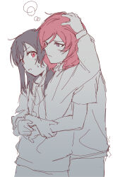  2girls 3: absurdres black_hair closed_mouth commentary_request frown hand_on_another's_head headpat highres hood hoodie hug hug_from_behind inazuma_(elect_line) long_sleeves looking_at_another love_live! love_live!_school_idol_project multiple_girls nishikino_maki open_mouth red_eyes red_hair short_sleeves simple_background squeans sweatdrop upper_body violet_eyes white_background yazawa_nico yuri 