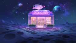  absurdres bar_(place) bush cafe commentary earth_(planet) english_commentary english_text highres mars_(planet) mountainous_horizon neon_lights neon_sign no_humans on_moon original outdoors planet scenery sicuvn sign sky space star_(sky) starry_sky window 