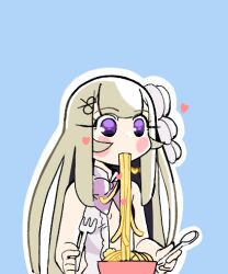  amanogawa_shiina amanogawa_shiina_(1st_costume) bare_shoulders blonde_hair bow colored_inner_hair food fork hair_bow hair_ornament heart jushikuroni long_hair multicolored_hair pasta phase_connect purple_hair scissors_hair_ornament solo spoon tagme very_long_hair virtual_youtuber 