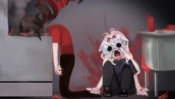  2girls alternate_costume black_pants black_sclera black_shirt black_shoes braid brown_hair colored_sclera commentary dulcinea_(project_moon) english_commentary five_nights_at_freddy's highres kappce limbus_company long_hair mask multiple_girls nicolina_(project_moon) open_mouth pants pink_nails pose_imitation project_moon red_nails red_shirt shirt shoes smoke tomato_sauce twin_braids white_hair 