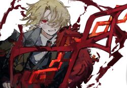  black_coat blonde_hair blood coat don_quixote_(project_moon) fangs hair_over_one_eye highres holding holding_polearm holding_weapon lance limbus_company necktie one_eye_covered pale_skin polearm project_moon red_eyes red_necktie sancho_(project_moon) shirt short_hair simple_background tears teeth tuumatae upper_body vampire weapon white_background white_shirt 