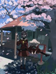  2girls a_vabo. aqua_neckerchief black_hair black_pantyhose black_shoes black_socks blue_eyes brown_dress brown_shoes ceras_yanagida_lilienfeld cherry_blossoms commentary_request day dress edel_note falling_petals grey_hair hair_ornament hasu_no_sora_school_uniform highres jellyfish_cut jumping katsuragi_izumi link!_like!_love_live! loafers long_hair long_sleeves looking_down love_live! medium_dress motion_blur multiple_girls neckerchief orange_eyes outdoors pantyhose petals pink_petals pleated_dress sailor_collar sailor_dress school_uniform shoes socks spread_legs spring_(season) standing triangle_hair_ornament virtual_youtuber w white_sailor_collar winter_uniform yellow_neckerchief 