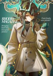  1girl absurdres alternate_costume arknights belt black_hair black_pantyhose black_sweater brown_belt brown_jacket brown_skirt closed_mouth colored_extremities commentary cover cowboy_shot dragon_girl dragon_horns dragon_tail dusk_(arknights) earrings english_commentary english_text fake_magazine_cover hand_up highres hoop_earrings horns jacket jewelry lapels long_hair long_sleeves looking_at_viewer magazine_cover necklace nikov pantyhose pointy_ears ribbed_sweater skirt solo standing sweater tail turtleneck turtleneck_sweater yellow_eyes 