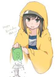  1boy 1girl absurdres admiral_(kancolle) black_hair black_one-piece_swimsuit blush commentary_request eighth_note fubuki_(kancolle) giant giantess green_eyes highres holding holding_watering_can hood hood_up kantai_collection long_sleeves ma_rukan musical_note name_tag one-piece_swimsuit open_mouth raincoat school_swimsuit short_hair signature simple_background smile swimsuit watering_can white_background yellow_raincoat 