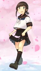  1girl absurdres black_sailor_collar black_skirt black_socks blush brown_hair cherry_blossoms commentary_request fubuki_(kancolle) fubuki_kai_ni_(kancolle) full_body green_eyes highres kantai_collection kneehighs ma_rukan midriff_peek open_mouth petals pleated_skirt ponytail sailor_collar school_uniform serafuku short_hair short_ponytail short_sleeves skirt skirt_basket smile socks solo 