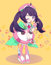  1girl :3 ;d ahoge back_bow beret blush_stickers boots bow commentary cyber_fashion deformed dress english_commentary fingerless_gloves full_body gloves green_bow hat highres koala-bears long_hair looking_at_viewer musical_note one_eye_closed pink_boots pink_dress pink_gloves pink_hat purple_hair short_eyebrows smile solo thigh_boots tone_rion treble_clef twintails v violet_eyes vocaloid yellow_background 