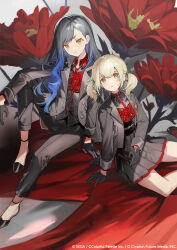  2girls :o arm_on_knee arm_support azusawa_kohane black_gloves black_hair black_jacket black_pants black_shirt black_shoes black_skirt blazer blonde_hair blue_hair brown_eyes closed_mouth collared_shirt commentary_request copyright_notice cowboy_shot earrings flats floral_print flower flower_request full_body gloves gradient_hair guest_art hair_behind_ear hair_between_eyes half_gloves hayama_eishi high-waist_skirt high_collar jacket jewelry knee_up lapels light_up_the_fire_(project_sekai) long_hair long_sleeves looking_at_viewer multicolored_hair multiple_girls notched_lapels official_alternate_costume official_art open_clothes open_jacket orange_eyes pants parted_lips pleated_skirt project_sekai red_flower red_trim sekai_symphony shiraishi_an shirt shoes short_hair sidelocks single_sidelock sitting skirt swept_bangs twintails two-tone_hair underbust untucked_shirt yokozuwari 