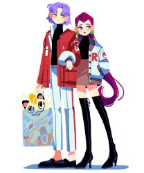  1girl 2boys black_boots black_shoes boots brown_skirt commentary earrings full_body green_eyes hair_slicked_back hand_in_pocket high_heels highres jacket james_(pokemon) jessie_(pokemon) jewelry long_hair looking_to_the_side meowth multiple_boys pearl_earrings pink_hair pokemon purple_hair red_jacket shoes short_hair simple_background skirt spacegarbage thigh_boots violet_eyes white_background 