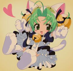  1girl 2000s_(style) absurdres ahoge animal_ears animal_hands animal_hat apron bell blush_stickers cat_ears cat_hat cat_tail dejiko di_gi_charat di_gi_charat_(1999) dress frilled_apron frills full_body gloves green_eyes green_hair hair_bell hair_ornament hat heart highres jingle_bell maid_apron mika_030 mittens neck_bell open_mouth paw_gloves paw_shoes puffy_short_sleeves puffy_sleeves short_sleeves smile solo tail white_apron white_mittens white_tail 