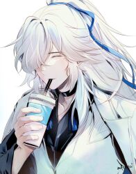  1boy black_choker black_shirt blue_ribbon choker closed_eyes coat commentary_request cup drinking drinking_straw hair_over_one_eye hair_ribbon high_ponytail highres holding holding_cup honkai:_star_rail honkai_(series) jacket jacket_on_shoulders jing_yuan jing_yuan_(chapanda) long_hair long_sleeves makaretaiyo male_focus mole mole_under_eye official_alternate_costume ponytail ribbon shirt simple_background solo tassel vest white_background white_hair white_jacket white_vest 