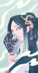  1girl black_hair chinese_clothes commentary_request facial_mark forehead forked_tongue hair_ornament hand_fan highres holding holding_fan huadian jewelry korean_commentary looking_at_viewer mbcc_bori necklace parted_bangs path_to_nowhere portrait simple_background smile solo tongue yugu_(path_to_nowhere) 
