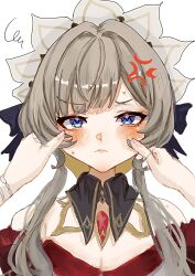  2girls 398_7n8n anger_vein bare_shoulders black_bow black_collar blue_eyes blush bonnet bow brown_hair closed_mouth collar columbina_(genshin_impact) commentary_request detached_collar detached_sleeves gem genshin_impact hair_ornament hand_on_another's_head highres multiple_girls portrait red_gem sandrone_(genshin_impact) simple_background white_background white_headdress yuri 