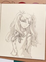  1girl absurdres cross cross_print fate/stay_night fate_(series) hair_ribbon highres homurabara_academy_school_uniform long_hair long_sleeves monochrome print_ribbon ribbon school_uniform shirt smile solo tam002 tohsaka_rin upper_body vest 