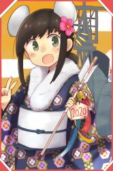  1girl 2020 absurdres animal_ears arrow_(projectile) artist_logo bell black_hair black_kimono brown_eyes chinese_zodiac commentary_request cowboy_shot ema floral_print flower fubuki_(kancolle) fur-trimmed_kimono fur_trim furisode hair_flower hair_ornament hamaya highres japanese_clothes jingle_bell kantai_collection kimono logo long_hair looking_at_viewer low_ponytail ma_rukan mouse_ears open_mouth ponytail print_kimono rigging school_uniform serafuku short_ponytail sidelocks smile solo v year_of_the_rat 