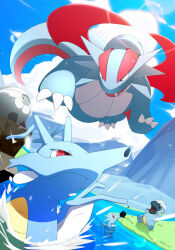  art_eichi bagon clouds cloudy_sky commentary_request day flying grass highres horsea kingdra no_humans outdoors pokemon pokemon_(creature) pokemon_focus red_eyes salamence shelgon sky swimming water 