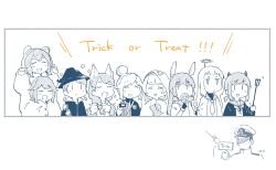  1boy 6+girls :d admiral_(kancolle) alternate_hair_color animal_costume animal_ear_hood animal_ears animal_hands bear_costume blunt_bangs border braid candy closed_eyes collared_jacket collared_shirt commentary_request cosplay demon_costume double-parted_bangs english_text fake_halo fake_horns fangs food fubuki_(kancolle) ghost_costume gloves grey_border hair_between_eyes hair_bun halloween halo hat hatsuyuki_(kancolle) highres holding holding_candy holding_food holding_lollipop holding_polearm holding_sign holding_wand holding_weapon hood hood_up horns isonami_(kancolle) jacket kantai_collection lawson lollipop long_hair low-tied_sidelocks low_twintails ma_rukan messy_hair military_uniform miyuki_(kancolle) multiple_girls murakumo_(kancolle) murakumo_(kancolle)_(cosplay) naturally_detached_hair naval_uniform neckerchief necktie open_clothes open_jacket parted_bangs paw_gloves peaked_cap polearm sailor_collar shirakumo_(kancolle) shirayuki_(kancolle) shirt short_hair sidelocks sign signature smile spot_color striped_clothes striped_shirt trick_or_treat trident twintails uranami_(kancolle) usugumo_(kancolle) wand weapon white_background witch_hat wolf_costume wolf_ears |_| 