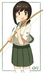  1girl absurdres alternate_costume artist_logo black_eyes black_hair bow_(weapon) commentary_request cowboy_shot fubuki_(kancolle) green_hakama hakama hakama_skirt highres holding holding_bow_(weapon) holding_weapon japanese_clothes kantai_collection kimono kneehighs logo looking_at_viewer low_ponytail ma_rukan no_nose open_mouth ponytail short_ponytail sidelocks skirt smile socks solo standing weapon white_kimono white_socks 