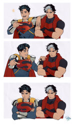  2boys batman_(series) batman_symbol black_gloves black_hair blue_eyes bodysuit completely_unamused dc_comics gloves hand_on_another's_shoulder highres jason_todd laughing male_focus meme multicolored_bodysuit multiple_boys muscular muscular_male open_clothes red_hood_(dc) red_hood_and_the_outlaws romy_jones_(romyjonesdraws) serious short_hair superboy-prime superhero_costume superman_(series) taut_bodysuit two-tone_bodysuit unamused unamused_friend_comic_(meme) western_comics_(style) 