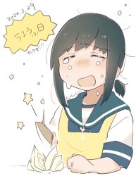  1girl black_hair blue_sailor_collar chemical_formula chopping commentary_request crying cutting_onions dated fubuki_(kancolle) highres kantai_collection knife leap_day low_ponytail ma_rukan medium_hair onion ponytail sailor_collar sailor_shirt school_uniform serafuku shirt short_ponytail sidelocks solo star_(symbol) tears translation_request upper_body white_shirt 