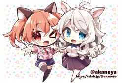  2girls :d ;d ahoge akaneya animal_ears blue_eyes blue_shorts blush_stickers border brown_thighhighs cardigan character_request chibi chibi_only collared_shirt commentary_request commission copyright_request double-parted_bangs full_body hair_between_eyes long_hair looking_at_viewer multiple_girls necktie one_eye_closed open_mouth orange_hair outline outside_border palms_together pantyhose pink_cardigan plaid_clothes plaid_necktie purple_skirt red_eyes red_necktie shirt short_hair short_sleeves shorts skeb_commission skirt smile standing standing_on_one_leg thigh-highs twitter_username web_address white_border white_hair white_outline white_pantyhose white_shirt 