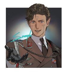  1boy aiguillette black_gloves black_hair black_necktie blue_eyes blue_gem border brown_jacket buttons chain collared_shirt commission dark-skinned_male dark_skin facial_mark fangs forehead_mark gem gloves hand_up highres jacket jewelry lapels leather leather_gloves lips long_sleeves looking_at_viewer male_focus medal military_jacket military_rank_insignia military_uniform necktie open_mouth original outside_border pendant pointy_ears rainbow sample_watermark shirt short_hair shoulder_boards smile solo space star_(sky) star_(symbol) starry_sky_background teeth watermark white_border white_shirt zhongerweiyuan 