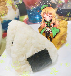  1girl :t ahoge beret black_boots black_gloves black_vest blonde_hair blush boots chewing chibi chibi_only closed_eyes commentary_request flower_symbol food frilled_overskirt gloves green_hat green_necktie green_overskirt hands_on_own_cheeks hands_on_own_face hat heart highres hoshii_miki idolmaster idolmaster_(classic) long_hair necktie onigiri overskirt photo_background sitting skirt solo suruga_tou thigh_boots vest white_skirt 