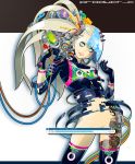  artist_request computer fashion gloves green_eyes hiroyuki_takahashi mecha multicolored_hair original science_fiction solo tattoo thigh-highs thighhighs wires 