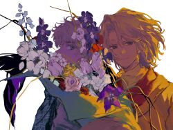  2boys axis_powers_hetalia bihailantian92534 blonde_hair bouquet chinese_commentary commentary_request facial_hair france_(hetalia) goatee_stubble green_eyes highres holding holding_bouquet looking_at_viewer male_focus medium_hair multiple_boys shirt short_hair simple_background smile stubble thick_eyebrows united_kingdom_(hetalia) upper_body violet_eyes white_background 