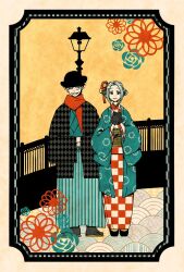  1boy 1girl alternate_costume black_eyes black_gloves black_hair black_hat blue_hair bowler_hat commentary_request floral_background flower full_body gloves gniryenoh hair_bun hair_flower hair_ornament hakama haori hat japanese_clothes kimono lamppost long_sleeves looking_at_viewer monkey_d._luffy nefertari_vivi obi one_piece orange_flower orange_scarf patterned_background sandals sash scar scar_on_cheek scar_on_face scarf short_hair sidelocks smile standing striped_clothes vertical-striped_clothes wide_sleeves zouri 