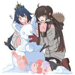  2girls ahoge blue_hair blunt_bangs blush boots breath brown_coat brown_hair building_snowman closed_eyes coat couple creature fur_trim gloves hair_ribbon happy headpiece heavy_breathing height_difference highres honkai:_star_rail honkai_(series) hood hood_up kneeling lingsha_(honkai:_star_rail) long_sleeves looking_down multiple_girls niupum open_mouth orange_eyes red_ribbon ribbon simple_background skirt smile snow snowman thigh-highs tiara tongue tongue_out translation_request white_background yunli_(honkai:_star_rail) yuri 