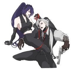  1boy 1girl absurdres acheron_(honkai:_star_rail) alternate_costume bare_shoulders bite_mark black_gloves black_pants black_shirt black_vest boothill_(honkai:_star_rail) bound bound_wrists collar collarbone collared_shirt commentary couple crop_top cuffed cuffs eating english_commentary food from_side fruit gloves grey_eyes grey_hair gun hair_ornament hair_over_one_eye hair_over_shoulder handcuffs hetero high_ponytail highres holding holding_food holding_fruit holding_gun holding_weapon honkai:_star_rail honkai_(series) hwanzx knee_up leaning_back leaning_on_person leash long_hair long_sleeves looking_at_another looking_down looking_to_the_side looking_up low_ponytail mechanical_arms mole mole_under_eye multicolored_hair open_mouth pants peach ponytail purple_hair sharp_teeth shirt simple_background sitting sleeveless stomach streaked_hair teeth upper_body vest violet_eyes weapon white_background 
