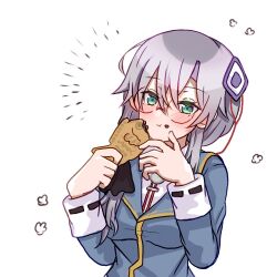  1girl :t blue_jacket blush breasts closed_mouth commentary_request eating food food_on_face green_eyes hair_between_eyes hands_up heaven_burns_red holding holding_food izumi_yuki jacket large_breasts long_hair looking_at_viewer low_side_ponytail panties pantyshot round_eyewear shirt side_ponytail sidelocks simple_background siromochino solo taiyaki underwear upper_body wagashi white_background white_shirt 