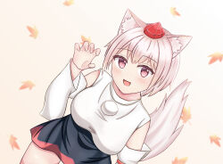  1girl animal_ear_fluff animal_ears arm_under_breasts asutoral bare_legs bare_shoulders black_skirt blush breasts commentary_request detached_sleeves facing_viewer falling_leaves fluffy_tail hair_between_eyes hand_up happy hat high_collar highres inubashiri_momiji large_breasts large_tail leaf long_sleeves looking_at_viewer open_mouth pom_pom_(clothes) red_eyes red_hat red_skirt short_hair simple_background skirt smile tail touhou upper_body white_background white_hair wolf_ears wolf_girl wolf_tail 