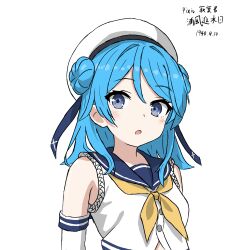  1girl aqua_hair blue_eyes blue_sailor_collar breasts buttons commentary_request dated detached_sleeves double_bun hair_between_eyes hair_bun hat highres jakumaku-kun kantai_collection light_blush looking_at_viewer neckerchief parted_lips sailor_collar school_uniform serafuku simple_background solo translation_request upper_body urakaze_(kancolle) white_background white_hat white_sleeves yellow_neckerchief 