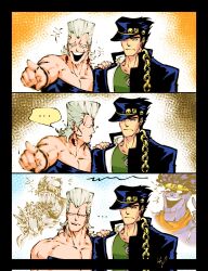  2boys completely_unamused hand_on_another's_shoulder highres jean_pierre_polnareff jojo_no_kimyou_na_bouken kujo_jotaro laughing looking_at_another meme multiple_boys serious shaded_face silver_chariot stand_(jojo) star_platinum stardust_crusaders stifled_laugh unamused unamused_friend_comic_(meme) vend_cf 