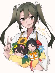  3girls :d ^_^ black_hair bow brown_eyes brown_hair chibi closed_eyes commentary dated english_commentary flower green_eyes green_hair hair_between_eyes hair_bow hair_flower hair_ornament hair_ribbon highres japanese_clothes kaga_(kancolle) kantai_collection katsuragi_(kancolle) light_blush long_hair looking_at_viewer ma_rukan miko multiple_girls open_mouth pink_bow ribbon side_ponytail simple_background smile solo_focus twintails v white_background white_ribbon zuikaku_(kancolle) 