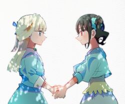  2girls black_hair blonde_hair blue_dress blue_eyes blue_skirt blush closed_mouth commentary_request cowboy_shot dress eye_contact from_side green_jacket hair_ornament hair_scrunchie holding_hands itomugi-kun jacket long_hair looking_at_another multiple_girls nekoyashiki_mayu nekoyashiki_yuki one_side_up open_clothes open_jacket precure profile red_eyes scrunchie shirt short_hair siblings sidelocks simple_background sisters skirt smile white_background wonderful_precure! yellow_shirt 