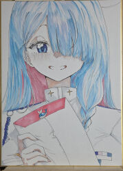 1girl absurdres blue_archive blue_eyes blue_hair blush colored_inner_hair commentary envelope general_student_council_president_(blue_archive) grin hair_over_one_eye highres holding holding_envelope long_bangs long_hair multicolored_hair nose_blush one_eye_covered parted_bangs photo_(medium) sharp_to_sharp shikishi shirt simple_background smile solo straight-on straight_hair traditional_media untranslatable_commentary upper_body white_background white_shirt 