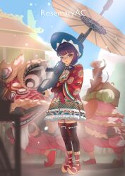  1girl absurdres ao_nhat_binh architecture black_hair black_thighhighs dress east_asian_architecture frilled_dress frilled_skirt frills gun highres hime_cut holding holding_gun holding_weapon khan_van looking_at_viewer monkey oil-paper_umbrella original red_eyes rifle rosemary_ac short_hair skirt thigh-highs umbrella viet_lolita vietnamese_clothes weapon 