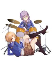  2girls black_socks blonde_hair blue_jacket blush breasts commentary_request drum drum_set full_body glasses green_eyes grey_hair hair_ornament hair_over_one_eye hair_over_shoulder hairclip hand_up heaven_burns_red highres instrument izumi_yuki jacket kayamori_ruka kneehighs long_hair long_sleeves low-tied_long_hair lying mouth_hold multiple_girls necktie no_shoes on_back one_eye_covered outstretched_hand plectrum plectrum_in_mouth red_eyes red_necktie round_eyewear shirt short_hair simple_background sitting skirt socks tsukune2398 waving white_background white_shirt 