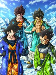  4boys alternate_costume armor black_hair black_vest blue_bodysuit blue_coat blue_pants blue_sash blue_shirt bodysuit boots coat commentary_request cowboy_shot dragon_ball dragon_ball_super dragon_ball_super_broly earrings full_body gloves gogeta green_coat group_picture highres hiro_(udkod1ezlyi2flo) jewelry male_focus multiple_boys muscular muscular_male no_shirt official_alternate_costume orange_pants orange_shirt pants potara_earrings saiyan_armor sash shirt smirk snow son_goku spiky_hair standing vegeta vegetto vest white_armor white_boots white_gloves white_pants 