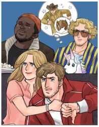  1girl 2boys alien beard carl_(project_hail_mary) casual crying dark-skinned_male dark_skin eva_stratt facial_hair hug messy_hair multiple_boys oi4iwa4da4 project_hail_mary rocky_(project_hail_mary) ryland_grace stubble tears 